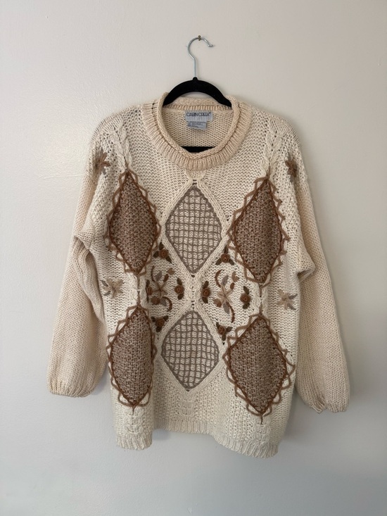 Vintage 90s Sz Lg Cottagecore Grandma Knit Chunky Neutral Sweater Patchwork Tan - Picture 2 of 16
